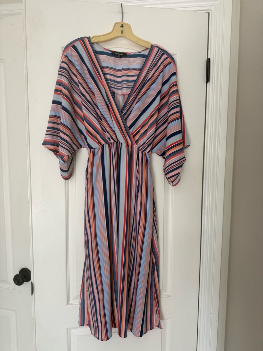 Lulus Rainbow High Potential Blush Multi Stripe Dolman Sleeve Dress Boho 70’s